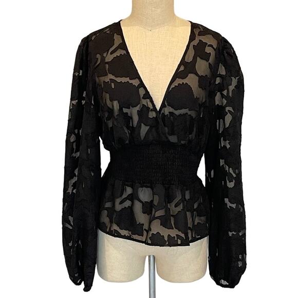 Sincerely Jules Black Floral Sheer Peplum Top - Picture 1 of 10